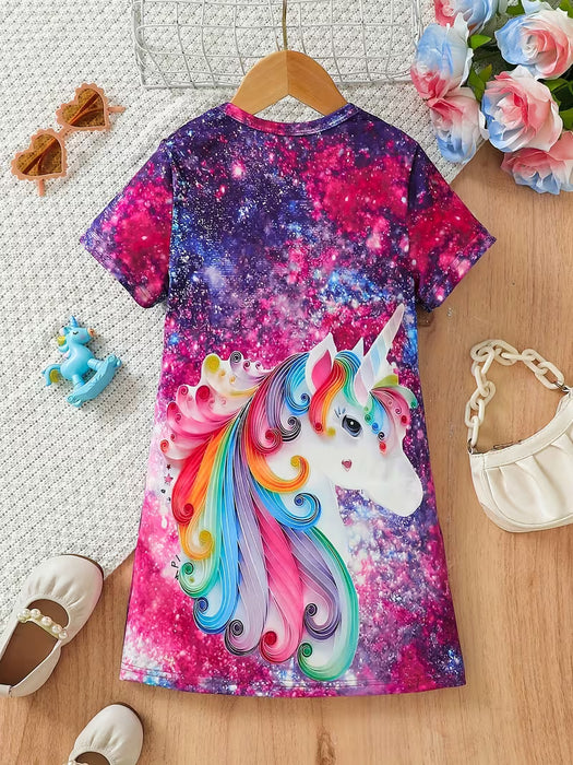 Vestido de Verano para Niñas con Estampado de Unicornio Tie-Dye