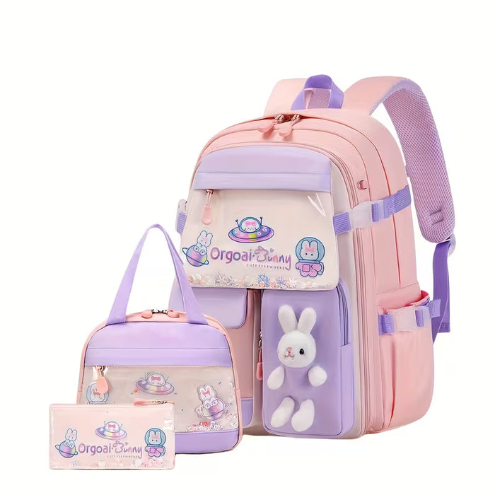 Conjunto de tres piezas para niñas, incluye una mochila con un lonchera y un estuche
