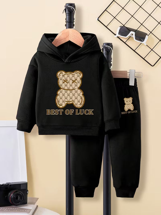 Conjunto de Sudadera con Capucha y Pantalones Elásticos para Niños - Estampado de Oso