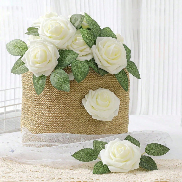 5pcs Flores de rosa artificiales blancas con tallos y 6 hojas, rosas falsas realistas - Quierox - Tienda Online