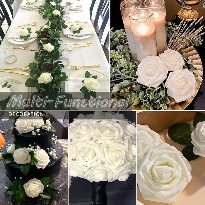 5pcs Flores de rosa artificiales blancas con tallos y 6 hojas, rosas falsas realistas - Quierox - Tienda Online