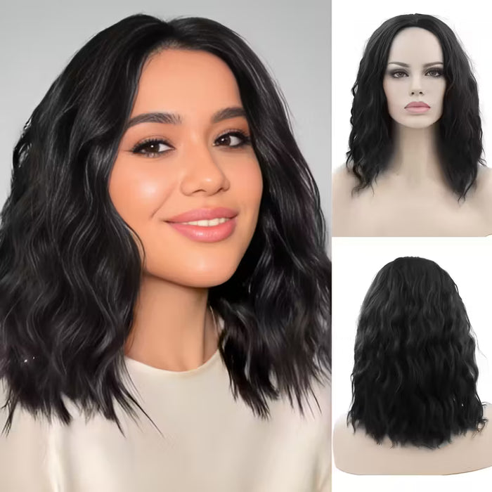 Peluca Sintética de Fibra Resistente al Calor para Mujer, Ondas Rizadas Negras, 12 Pulgadas