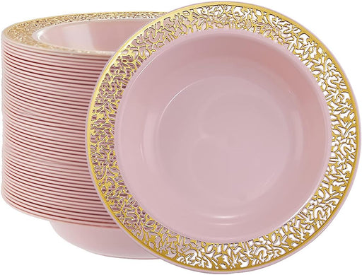 60pcs de tazones de plástico rosa dorado, borde de encaje dorado - Quierox - Tienda Online
