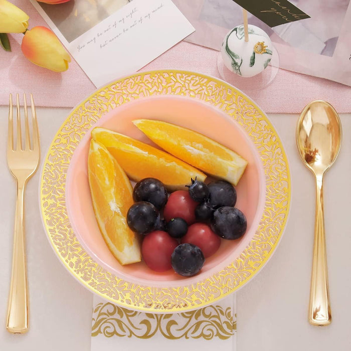 60pcs de tazones de plástico rosa dorado, borde de encaje dorado - Quierox - Tienda Online