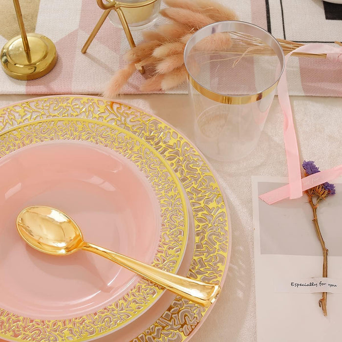 60pcs de tazones de plástico rosa dorado, borde de encaje dorado - Quierox - Tienda Online
