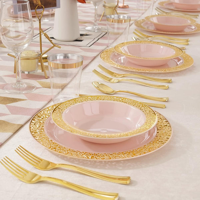 60pcs de tazones de plástico rosa dorado, borde de encaje dorado - Quierox - Tienda Online