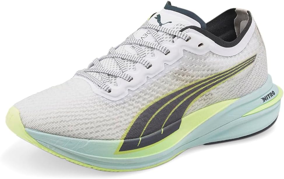 PUMA Zapatillas de running Deviate Nitro para mujer, blanco/gris oscuro/verde fluorescente