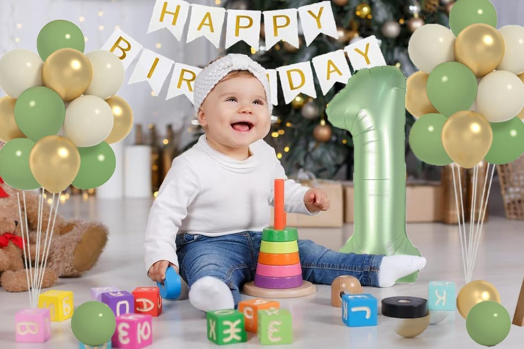 Decoración de Primer año Verde Salvia Para Niños, Verde Oliva Y Cartel De Feliz Cumpleaños