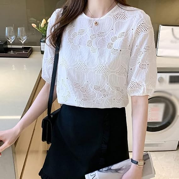 Camisa de verano para mujer, blanca de gasa de manga corta