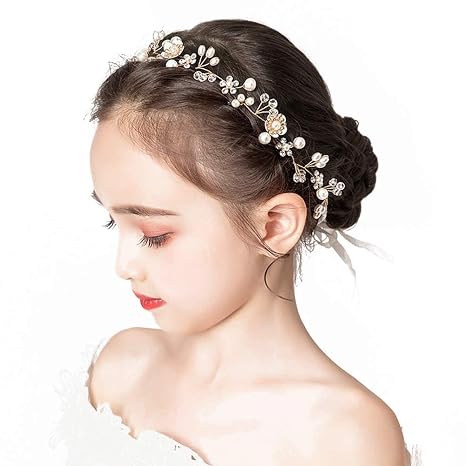 Diadema de princesa blanca con perlas para niñas de flores