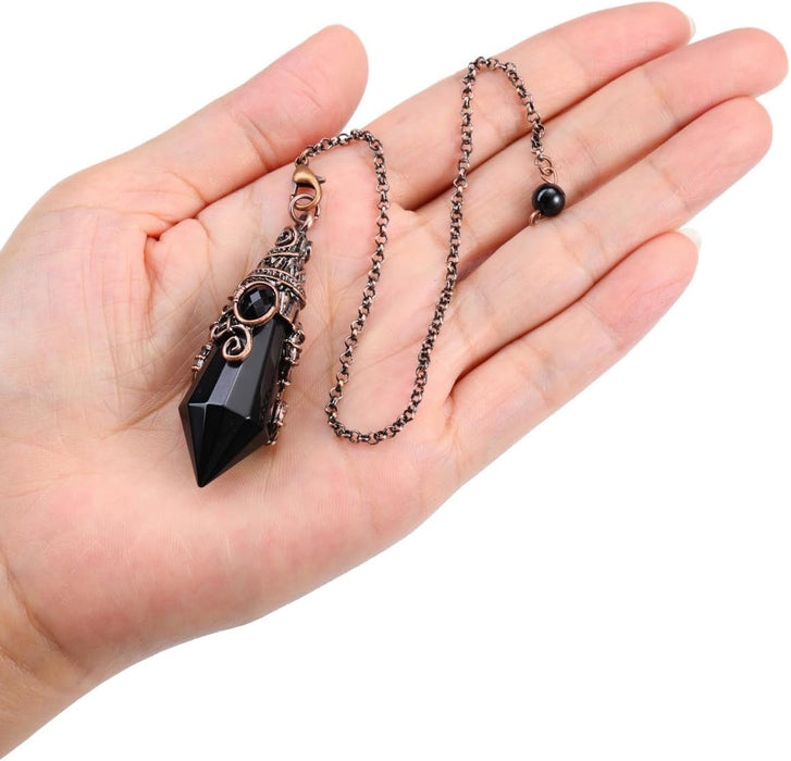 PESOENTH Péndulo de cristal de obsidiana negra, metal y bronce, piedra preciosa hexagonal para mujeres