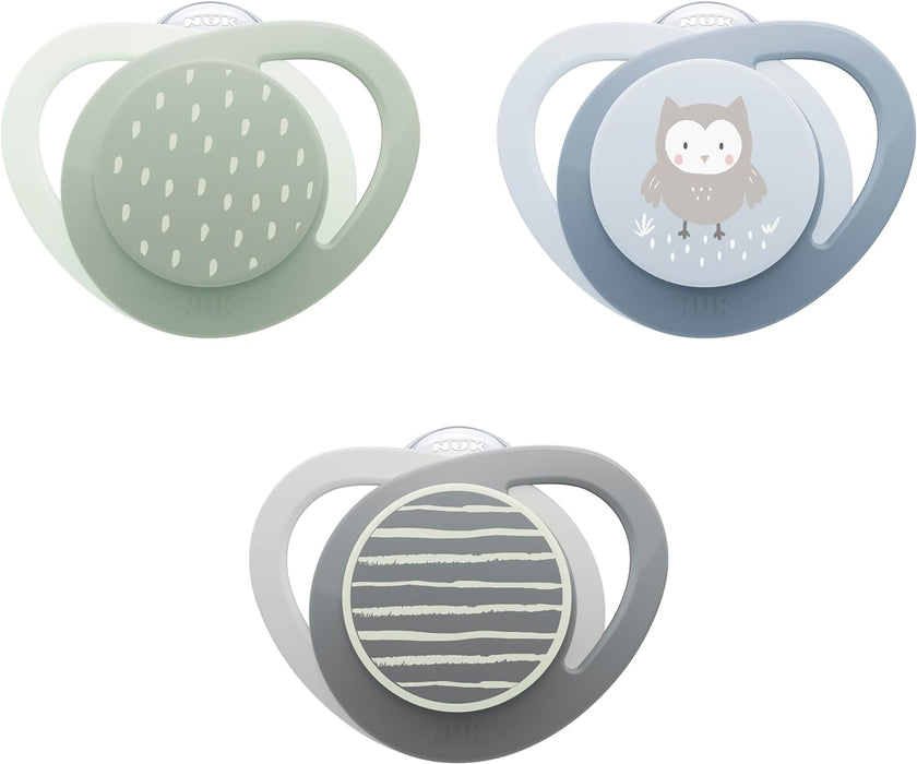Chupetes ortodóncicos NUK que brillan en la oscuridad, de 0 a 6 meses, diseño de búho y clima, paquete de 3