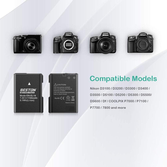 BESTON Paquete de 2 baterías EN-EL14 / EN-EL14a y cargador USB rápido compatible con Nikon