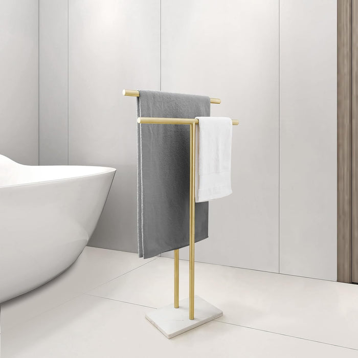 Toallero de pie de 40 pulgadas para baño, diseño en forma de doble T  con base de diseño de mármol