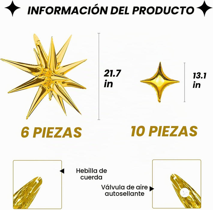 Kit de Globos de Papel Aluminio con Estrella Dorada - Paquete de 6 Globos de Cono y Punta de Explosión