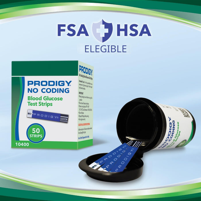 PRODIGY 10400 Tiras de prueba de glucosa en sangre sin codificación para diabetes, caja de 50 tiras