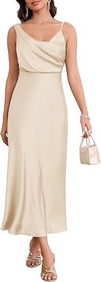 Vestido de satén de verano para mujer, elegante con cuello redondo y tirantes ajustables