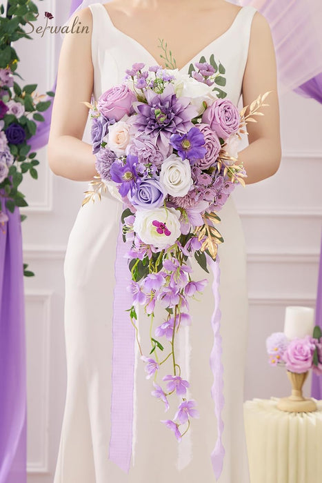 Serwalin Ramos de boda de rosas moradas de 11 pulgadas para novia, dama de honor