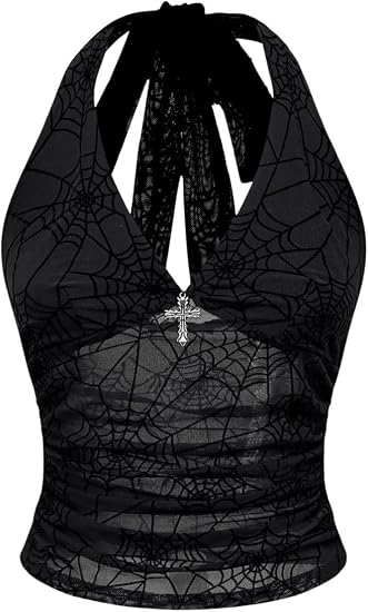 Verdusa Y2k Grunge Goth Halter Top De Malla Transparente Emo Rave