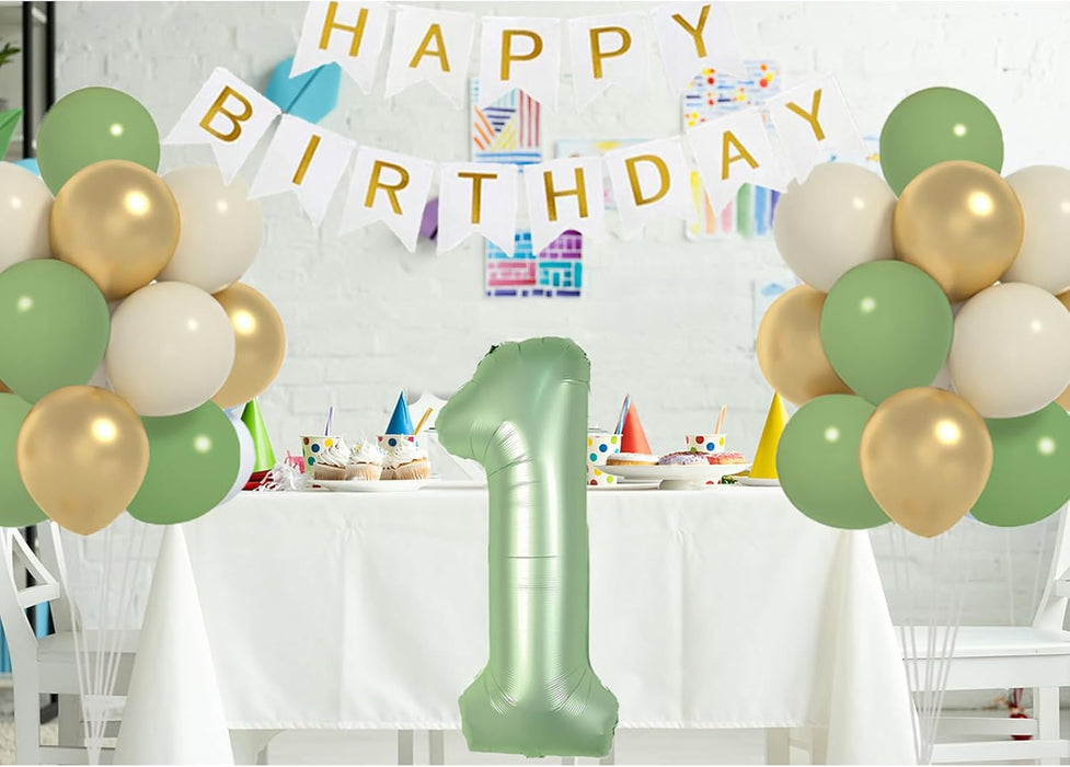 Decoración de Primer año Verde Salvia Para Niños, Verde Oliva Y Cartel De Feliz Cumpleaños