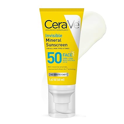 CeraVe Protector solar mineral invisible SPF 50, protector solar facial para piel sensible 48ml