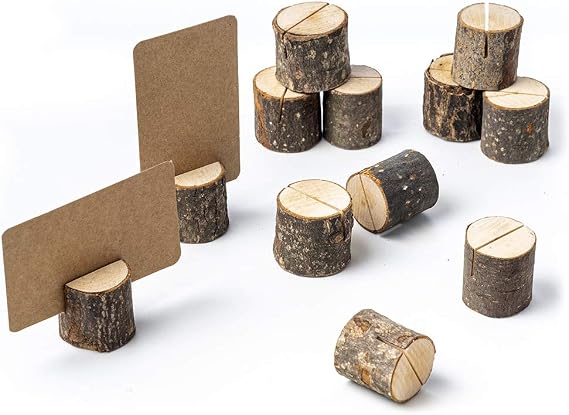 Jofefe 12 mini portatarjetas de madera y 24 tarjetas de lugar Kraft, portanúmeros de mesa rústicos
