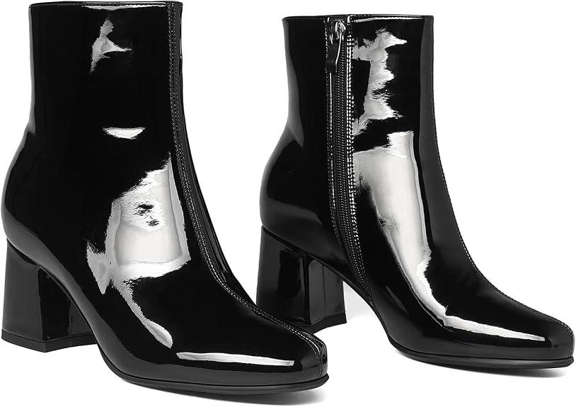 Botas de charol brillante para mujer, con punta cuadrada, tacón grueso con cremallera