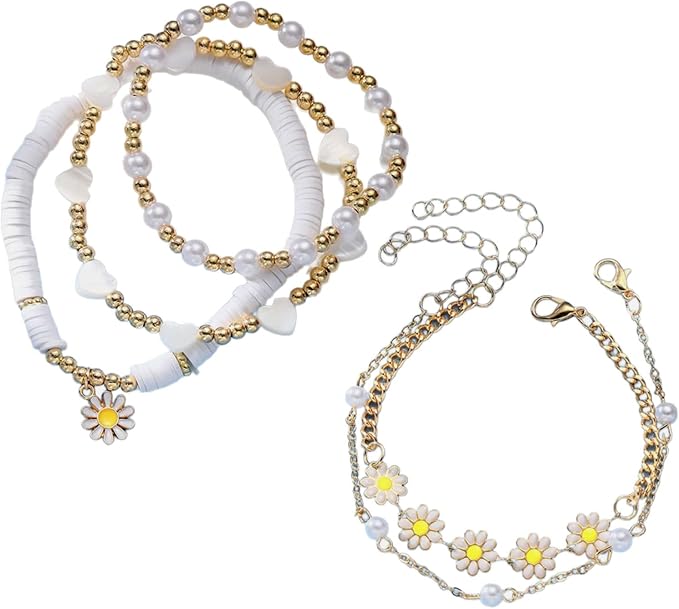 5 pulseras con colgante de margaritas, accesorio de cadena de mano para mujer