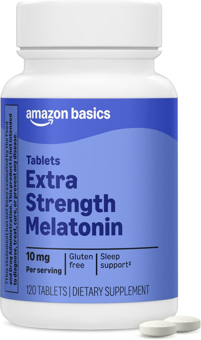 Amazon Basics Tabletas de melatonina extra fuertes, 10 mg, 120 unidades