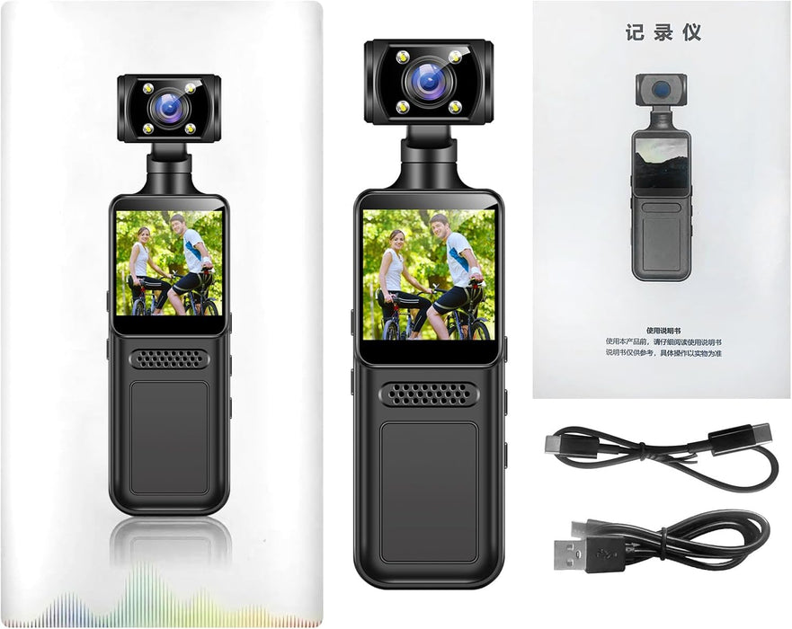Cámara corporal 4K de vídeo, portátil con lente giratoria de 180 grados
