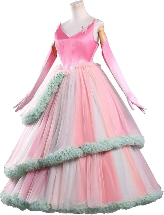 ‌Disfraz Mujer Cosplay Hada Glinda Rosa Lujo Largo Brillante Vestido de Noche con Tocado Guantes