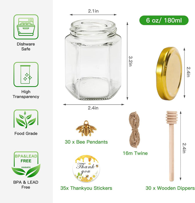 Paquete de 30 tarros hexagonales de vidrio con varillas de madera, Mini tarros de miel de 6 onzas