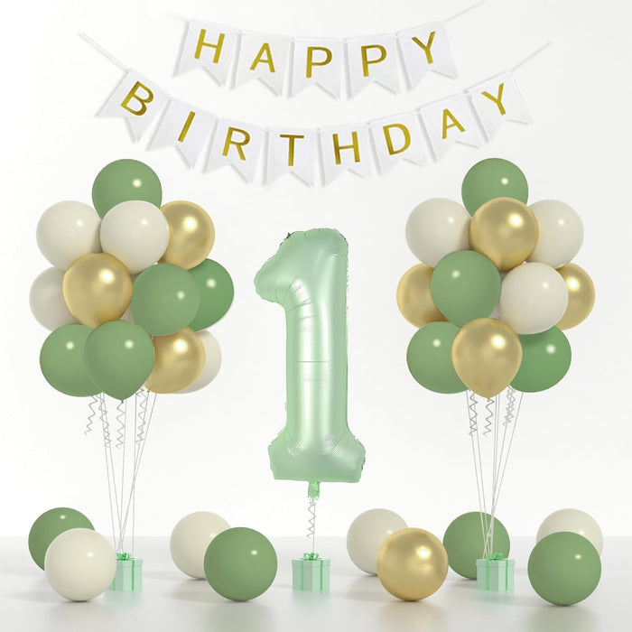 Decoración de Primer año Verde Salvia Para Niños, Verde Oliva Y Cartel De Feliz Cumpleaños