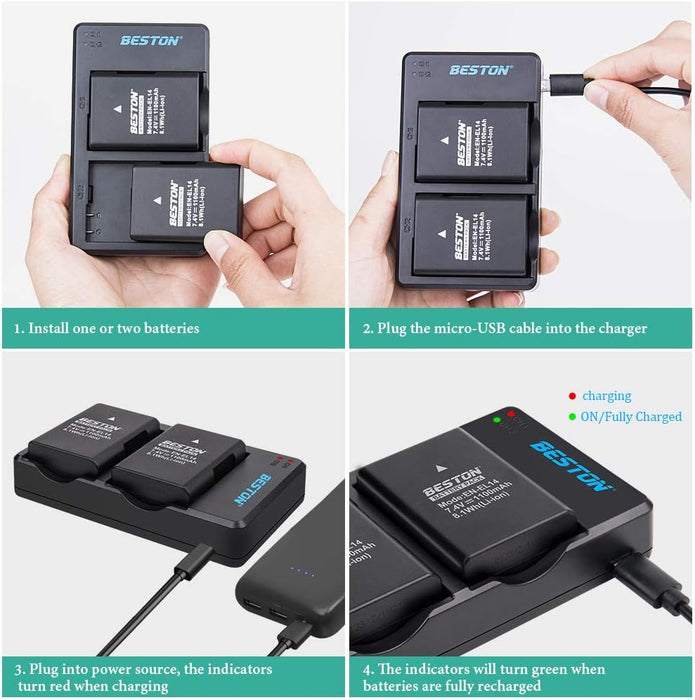 BESTON Paquete de 2 baterías EN-EL14 / EN-EL14a y cargador USB rápido compatible con Nikon