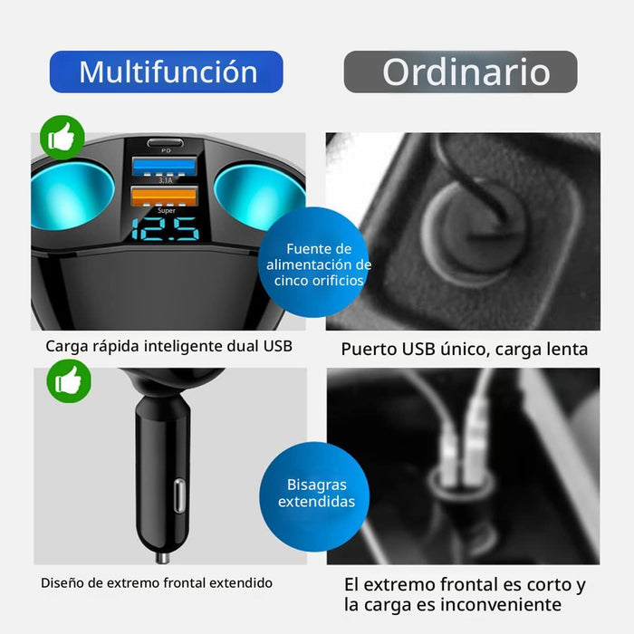 Divisor de encendedor de cigarrillos para auto, adaptador de 2 puertos con voltímetro LED