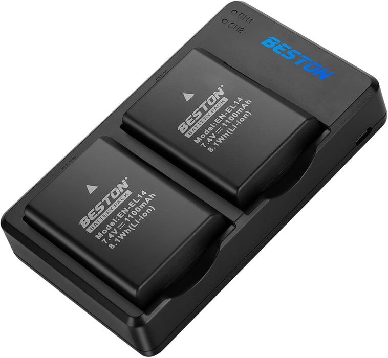 BESTON Paquete de 2 baterías EN-EL14 / EN-EL14a y cargador USB rápido compatible con Nikon