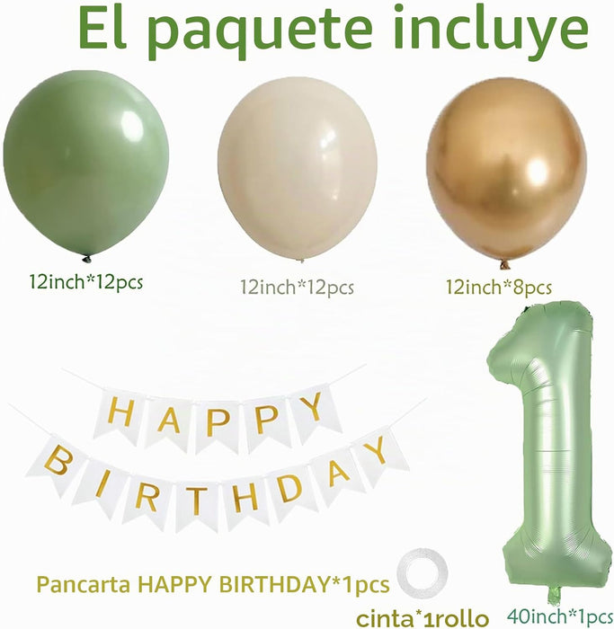 Decoración de Primer año Verde Salvia Para Niños, Verde Oliva Y Cartel De Feliz Cumpleaños