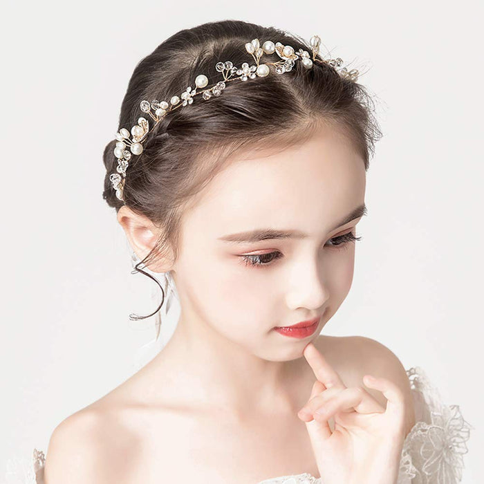 Diadema de princesa blanca con perlas para niñas de flores