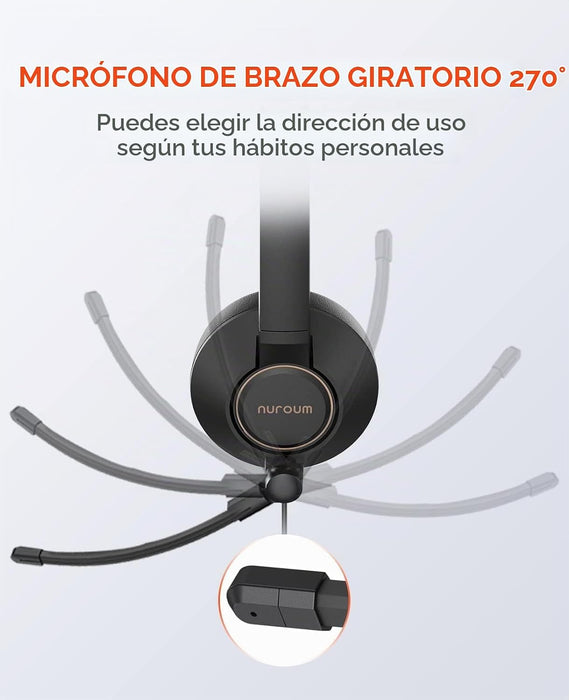 NUROUM HP11SU - Auriculares USB con micrófono para PC, auriculares de una sola oreja con micrófono ENC
