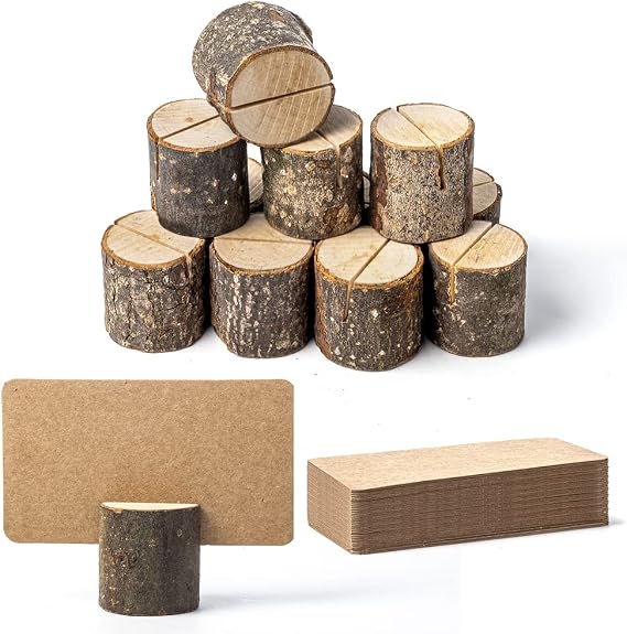Jofefe 12 mini portatarjetas de madera y 24 tarjetas de lugar Kraft, portanúmeros de mesa rústicos