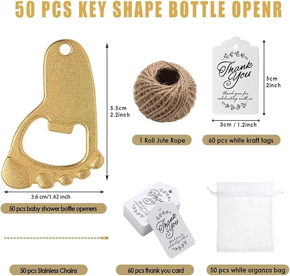50 llaveros con huellas de bebé y abrebotellas para fiestas, con bolsa de organza (dorado)
