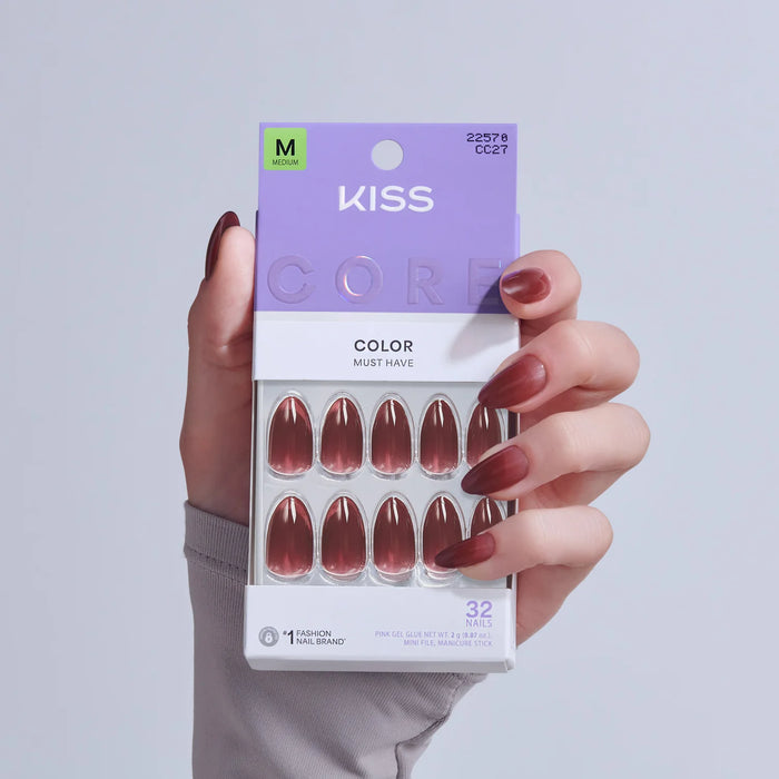 Kiss Set de 32 uñas press on almendradas tamaño mediano color burgandy
