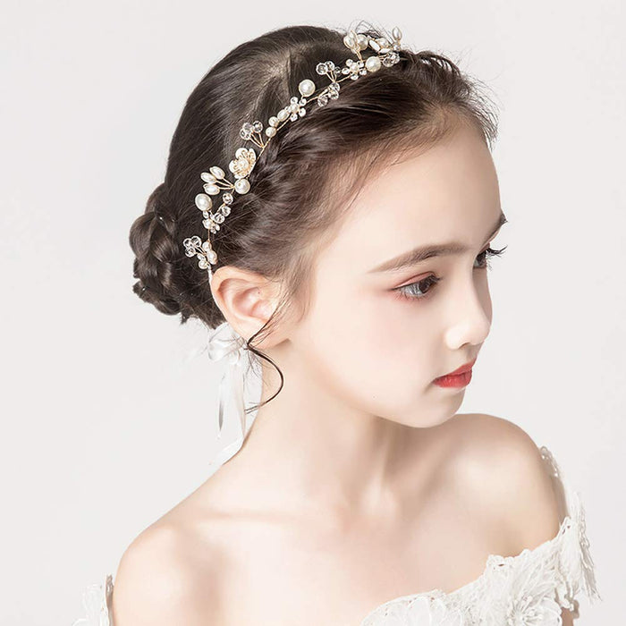 Diadema de princesa blanca con perlas para niñas de flores
