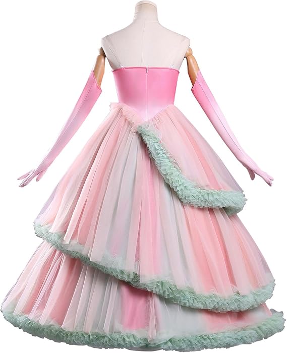 ‌Disfraz Mujer Cosplay Hada Glinda Rosa Lujo Largo Brillante Vestido de Noche con Tocado Guantes