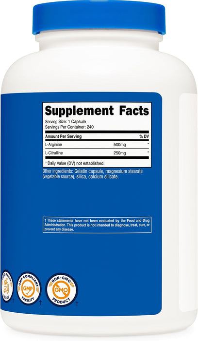 Nutricost L-Arginina L-Citrulina Complejo 750mg, 240 Cápsulas - Sin OGM