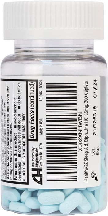 HealthA2Z Ayuda para dormir 200 cápsulas Difenhidramina HCl 25 mg