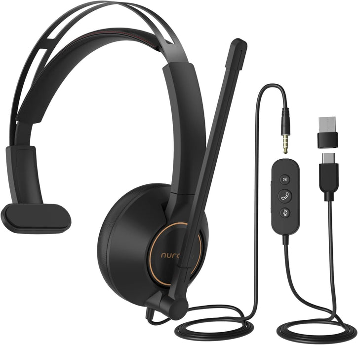 NUROUM HP11SU - Auriculares USB con micrófono para PC, auriculares de una sola oreja con micrófono ENC