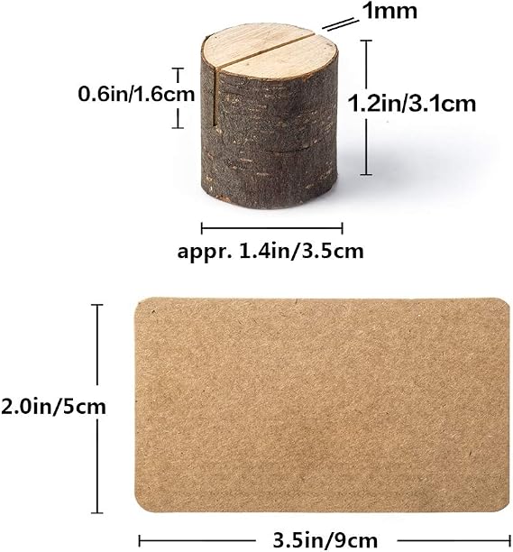 Jofefe 12 mini portatarjetas de madera y 24 tarjetas de lugar Kraft, portanúmeros de mesa rústicos
