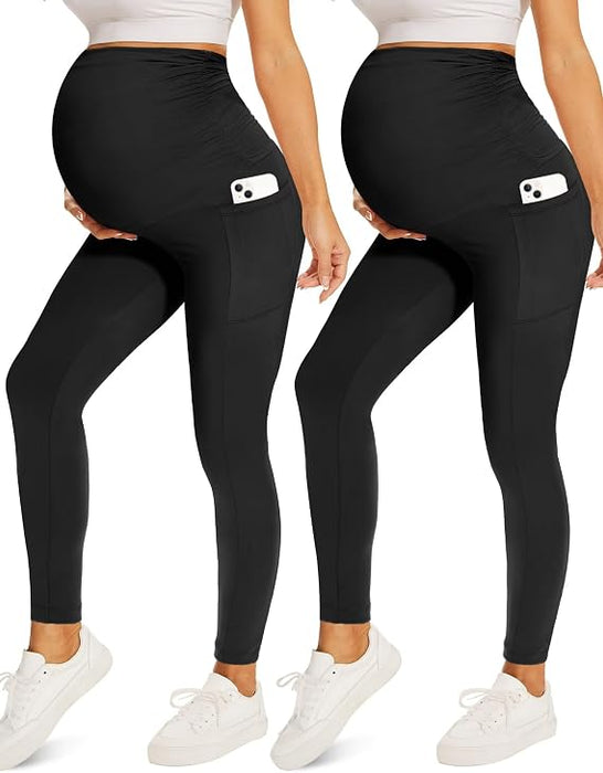 Fotociti Paquete de 2 Leggings de Maternidad con Bolsillos Sobre el Vientre