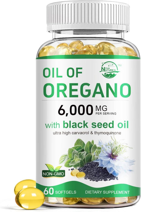 Aceite de orégano vivo de la naturaleza con aceite de semilla negra, 60 capsulas blandas